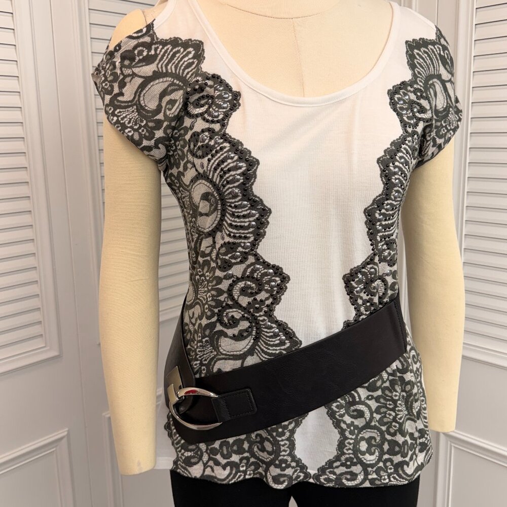Vintage Cache B & W Sz M Top w/ Stones